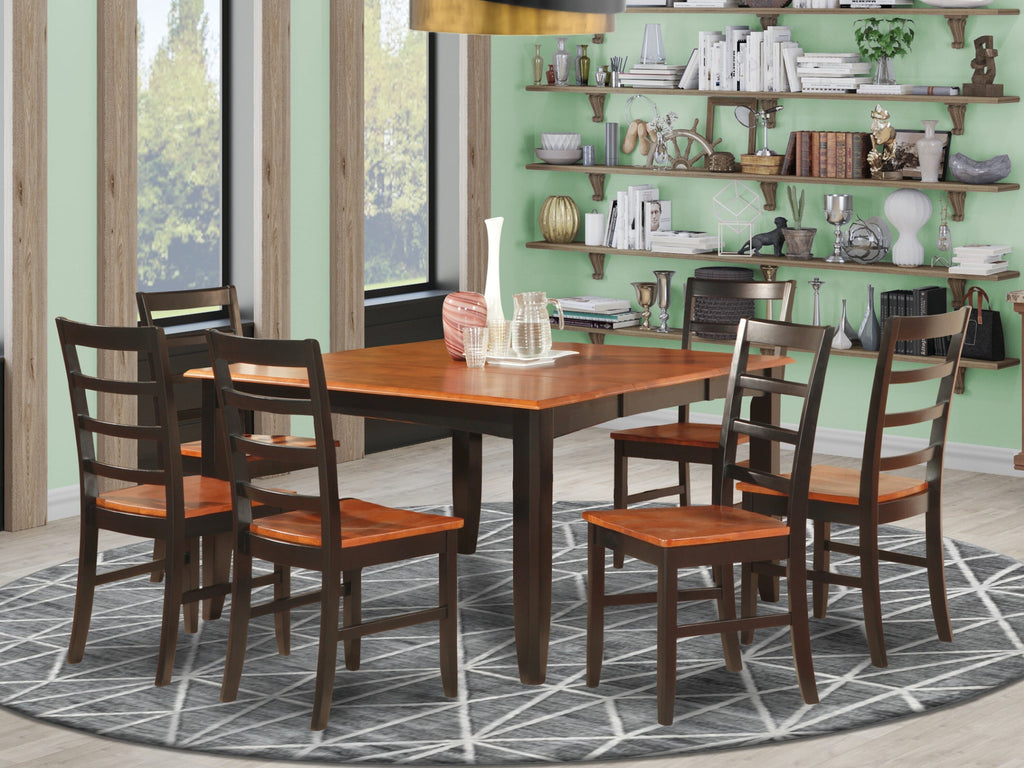 PARF7-ZI1-4 Square Dining Table with Butterfly Leaf Set & 6 Chairs, Black & Cherry, 54x54