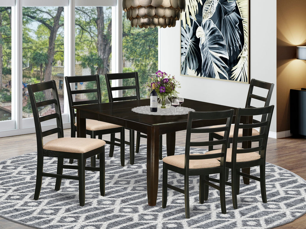 PARF7-T3H-3 7-Piece Contemporary Dining Ensemble with 54 Square Expandable Table and Linen Seats, Rich Brown Finish