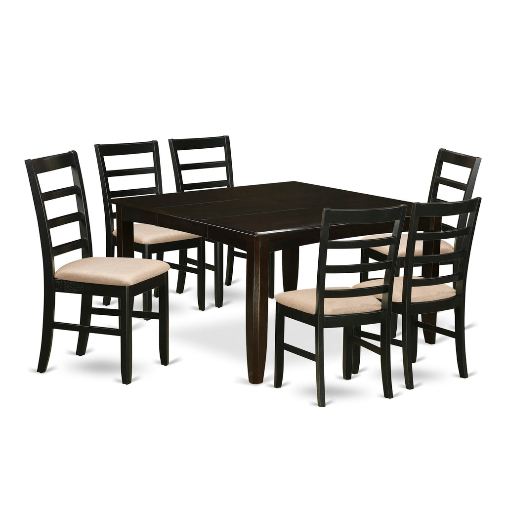 PARF7-T3H-3 7-Piece Contemporary Dining Ensemble with 54 Square Expandable Table and Linen Seats, Rich Brown Finish