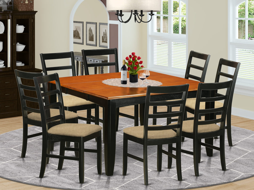 Elegant Square Dining Ensemble PARF9-GV0-N with Expanding Leaf and 8 Upholstered Chairs in Sleek Two-Tone