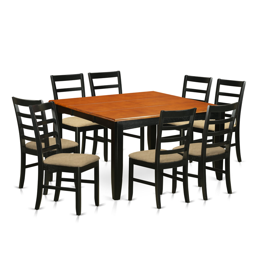 Elegant Square Dining Ensemble PARF9-GV0-N with Expanding Leaf and 8 Upholstered Chairs in Sleek Two-Tone