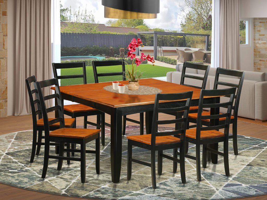 PARF9-PG4-P Elegant 9-Piece Square Dining Set with Expanding Leaf & 8 Chairs, Rich Black & Cherry Wood, 54