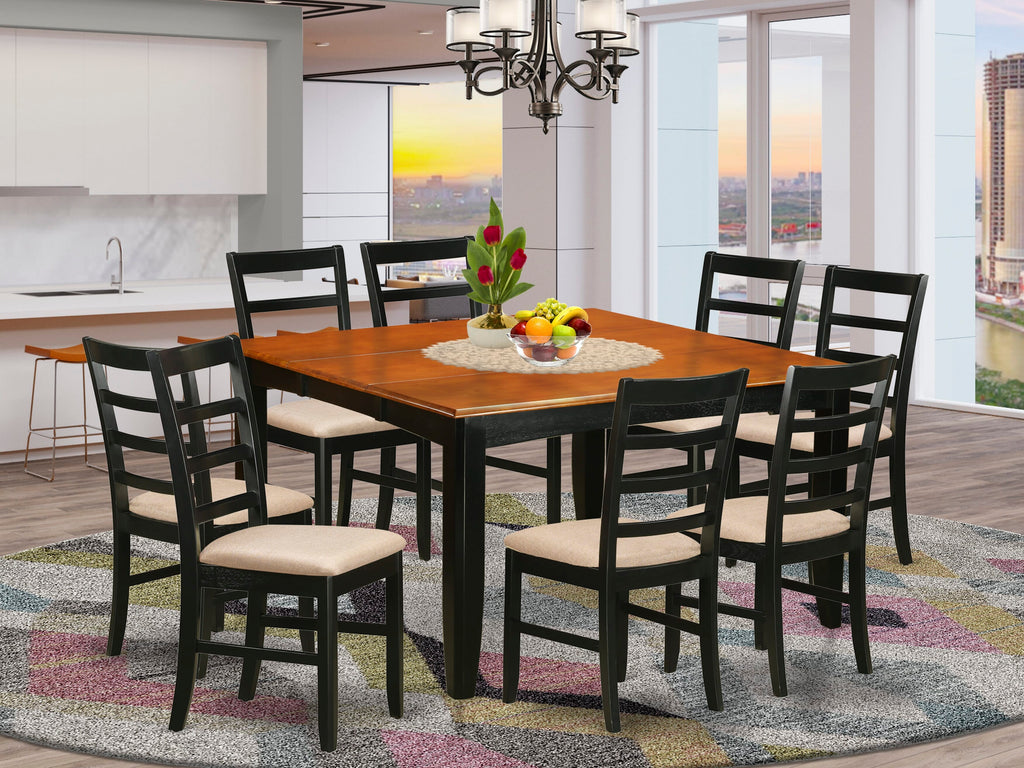 PARF9-QPM-Z Modern 9-Piece Dining Ensemble with Extension Table and Upholstered Chairs, 54x54 Inch, Black & Cherry