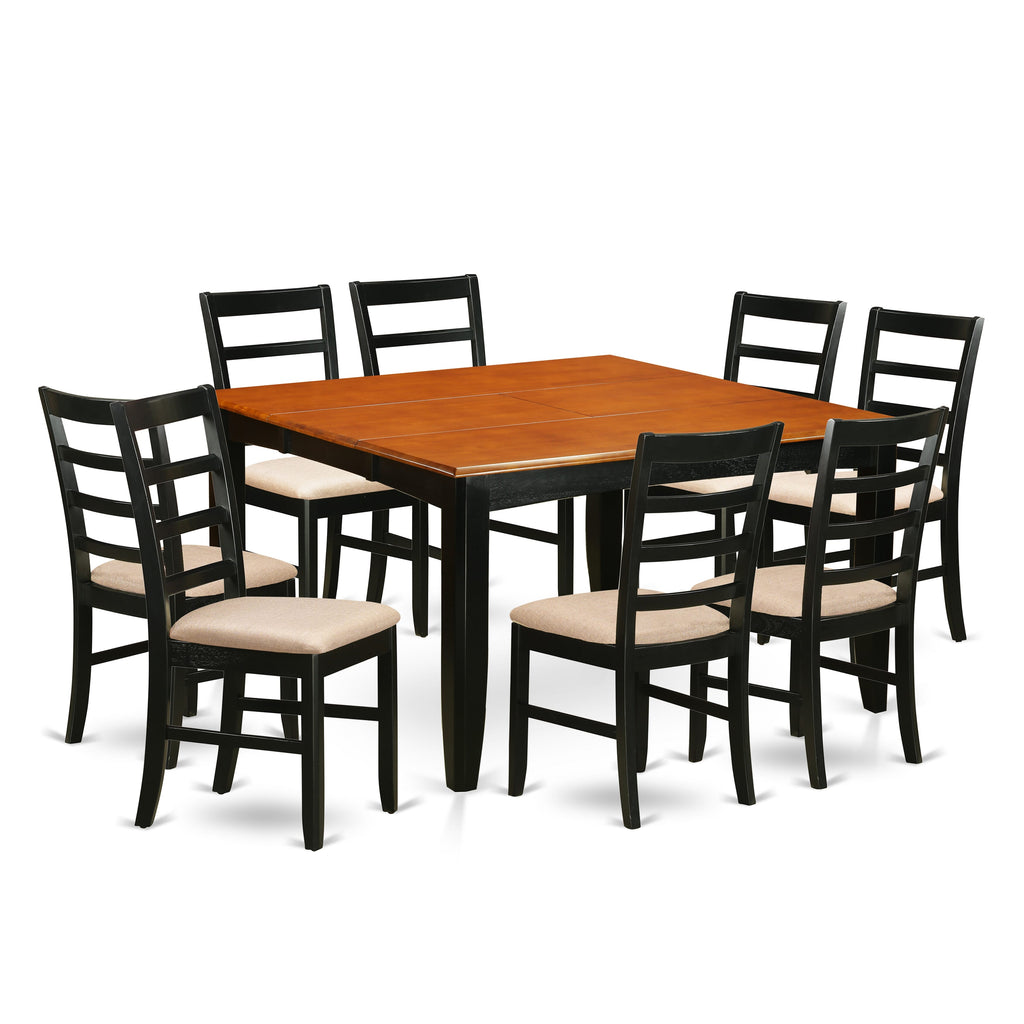 PARF9-QPM-Z Modern 9-Piece Dining Ensemble with Extension Table and Upholstered Chairs, 54x54 Inch, Black & Cherry