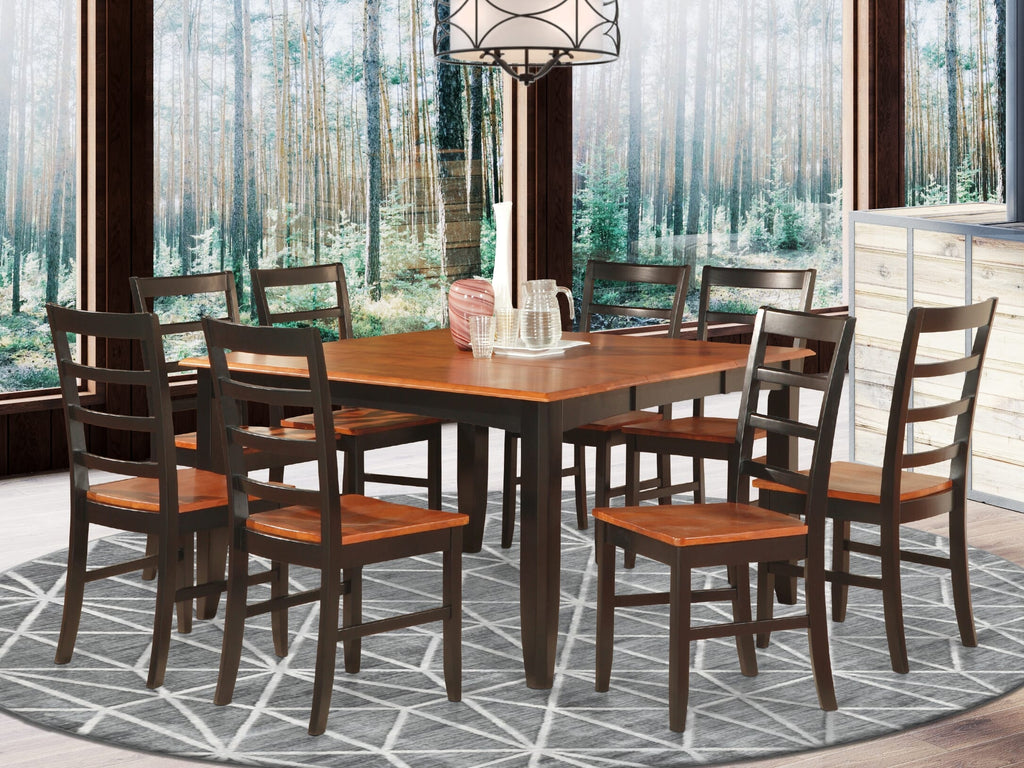 PARF9-96S-3 9 Piece Set with Expanding Square Dining Table and 8 Chairs in Black Cherry Finish