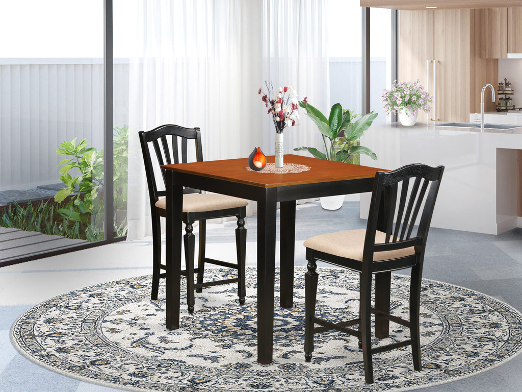 PBCH3-IRX-K 3-Piece Tall Dining Set with Square Table and Upholstered Chairs, Black & Cherry Combo