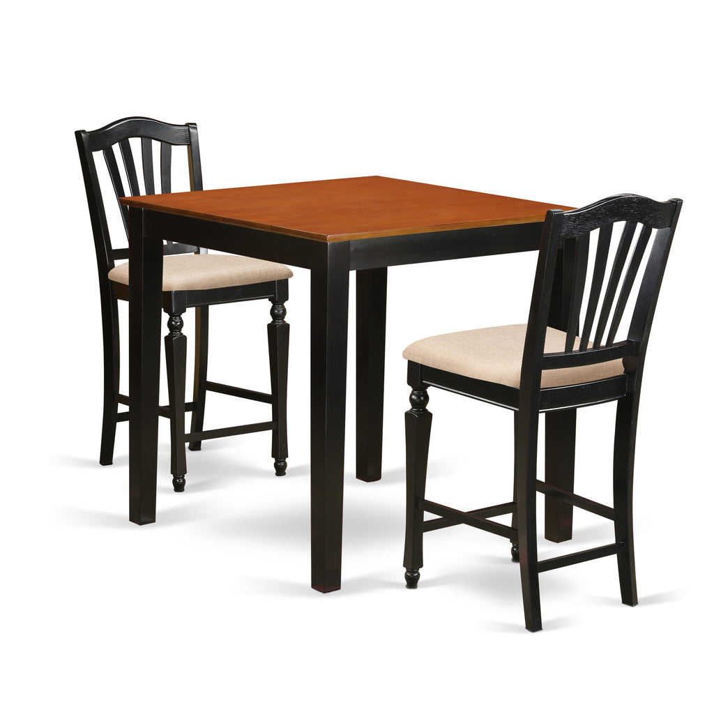 PBCH3-IRX-K 3-Piece Tall Dining Set with Square Table and Upholstered Chairs, Black & Cherry Combo