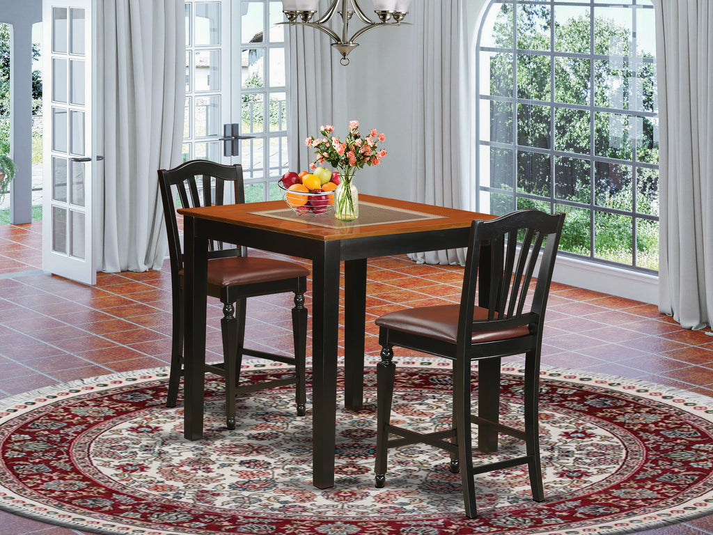 PBCH3-ZPA-23 3-Piece High Counter Dining Set with Square Table & 2 Leather Chairs, Black & Cherry
