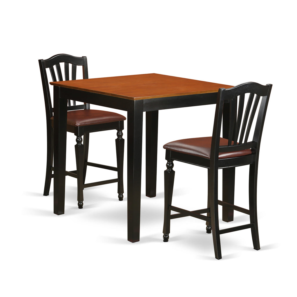 PBCH3-ZPA-23 3-Piece High Counter Dining Set with Square Table & 2 Leather Chairs, Black & Cherry