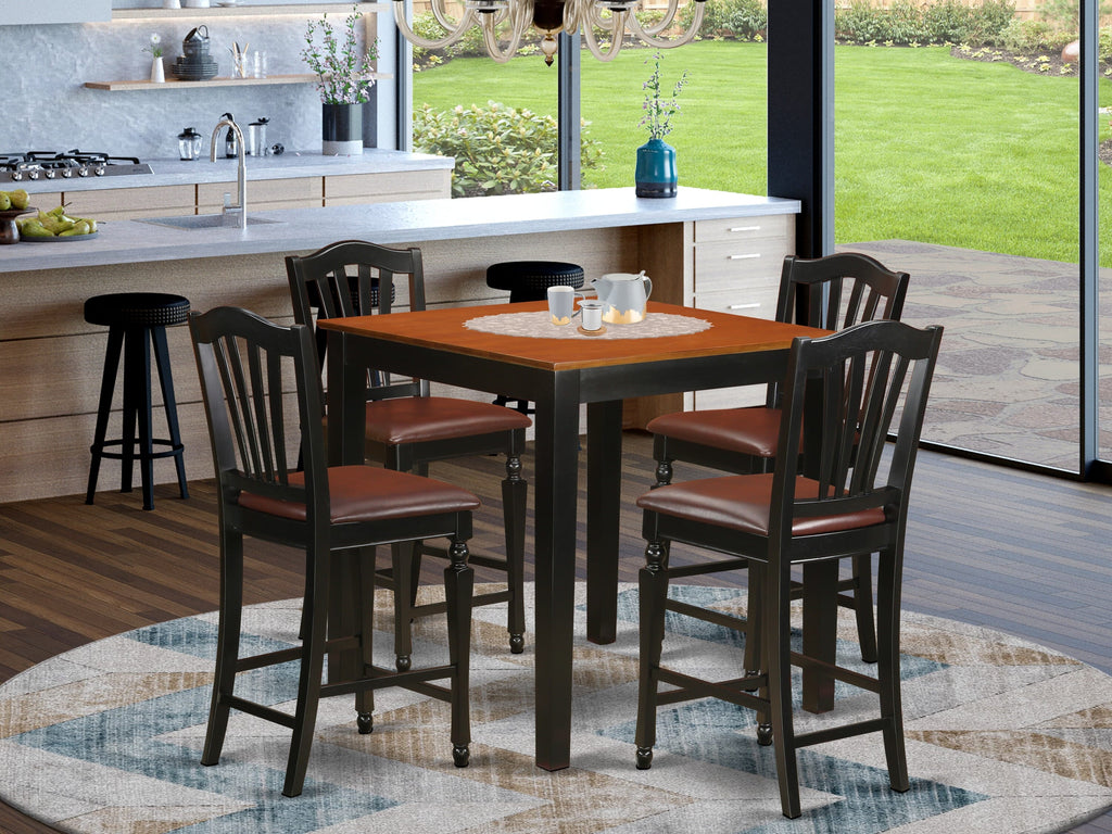 PBCH5-EHK-S9 5-Piece Counter Height Dining Ensemble with Square Table & Leather-Like Cushion Chairs, Black & Cherry, 36x36