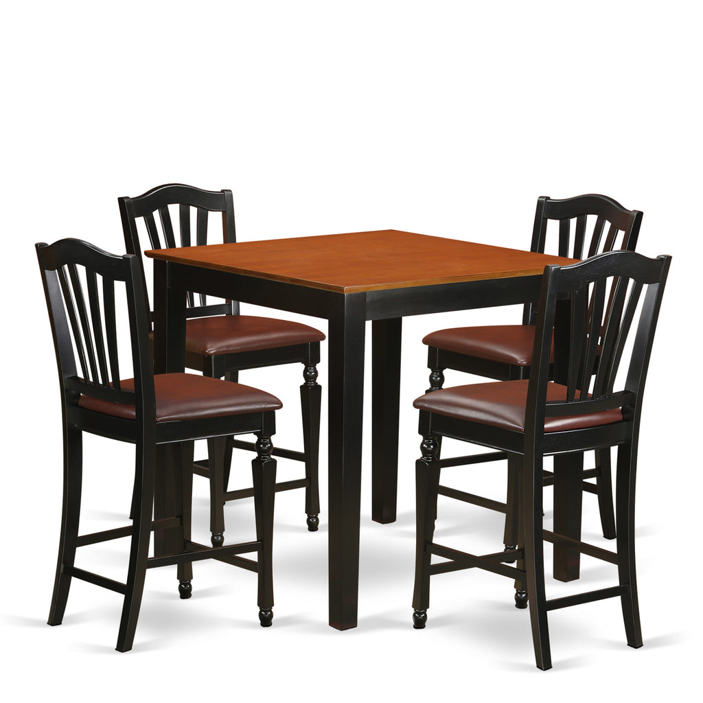 PBCH5-EHK-S9 5-Piece Counter Height Dining Ensemble with Square Table & Leather-Like Cushion Chairs, Black & Cherry, 36x36