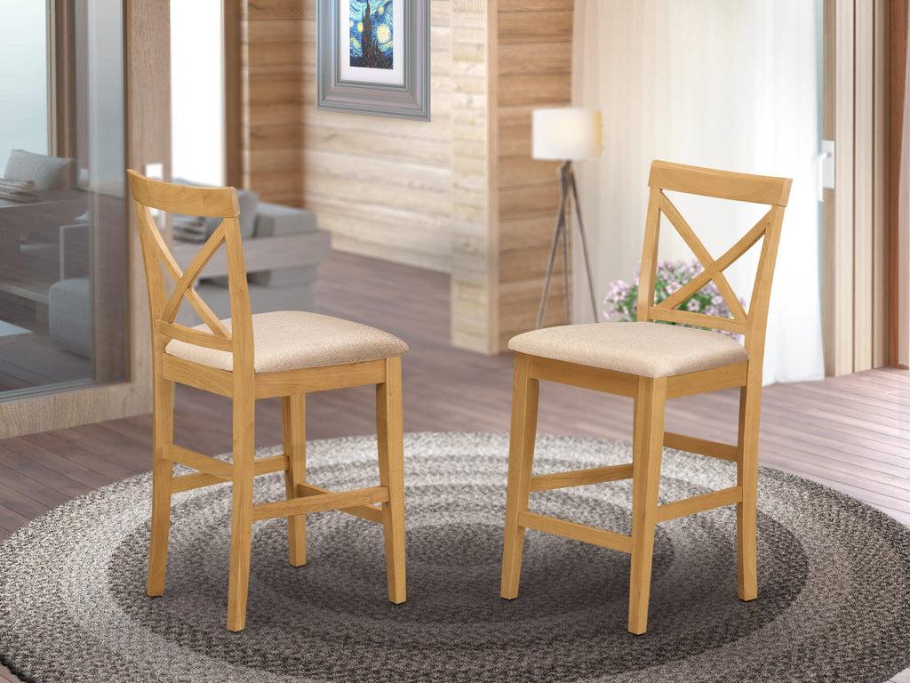 Stylish PBS-O8H-Y Oak-Linen Fabric Counter Stools Pub Height Wood Chair Set of 2