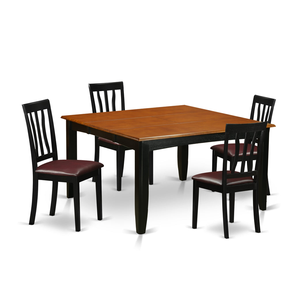 PFAN5-E1J-IK Elegant 5-Piece Square Dining Set with Butterfly Leaf and Faux Leather Chairs, Black & Cherry