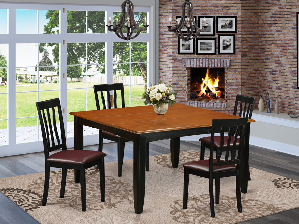 PFAN5-E1J-IK Elegant 5-Piece Square Dining Set with Butterfly Leaf and Faux Leather Chairs, Black & Cherry