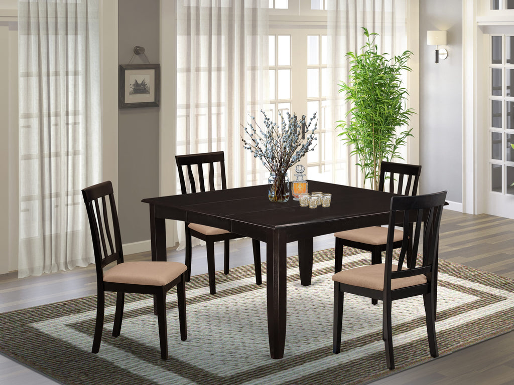 PFAN5-HGF-F 5-Piece Dining Ensemble with Expandable Square Table and Upholstered Chairs, 54x54 inch, Cappuccino Finish