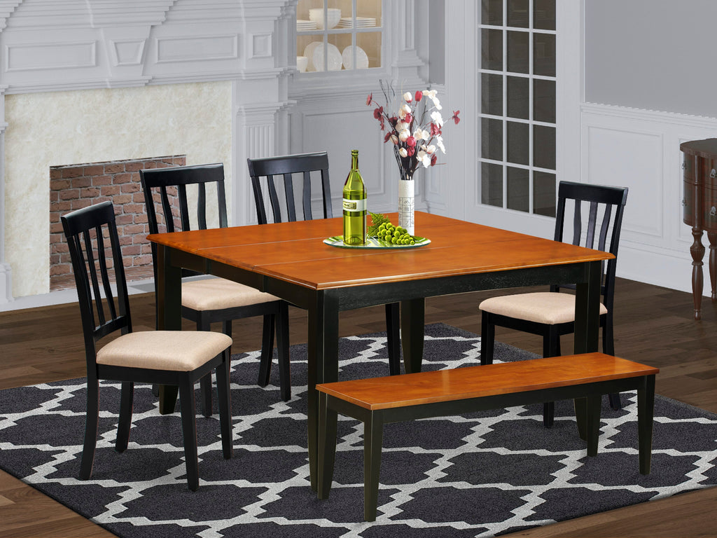 PFAN6-P5I-Z 6-Piece Suite Square Table with Adjustable Leaf, Chairs & Bench in Black-Cherry Tone