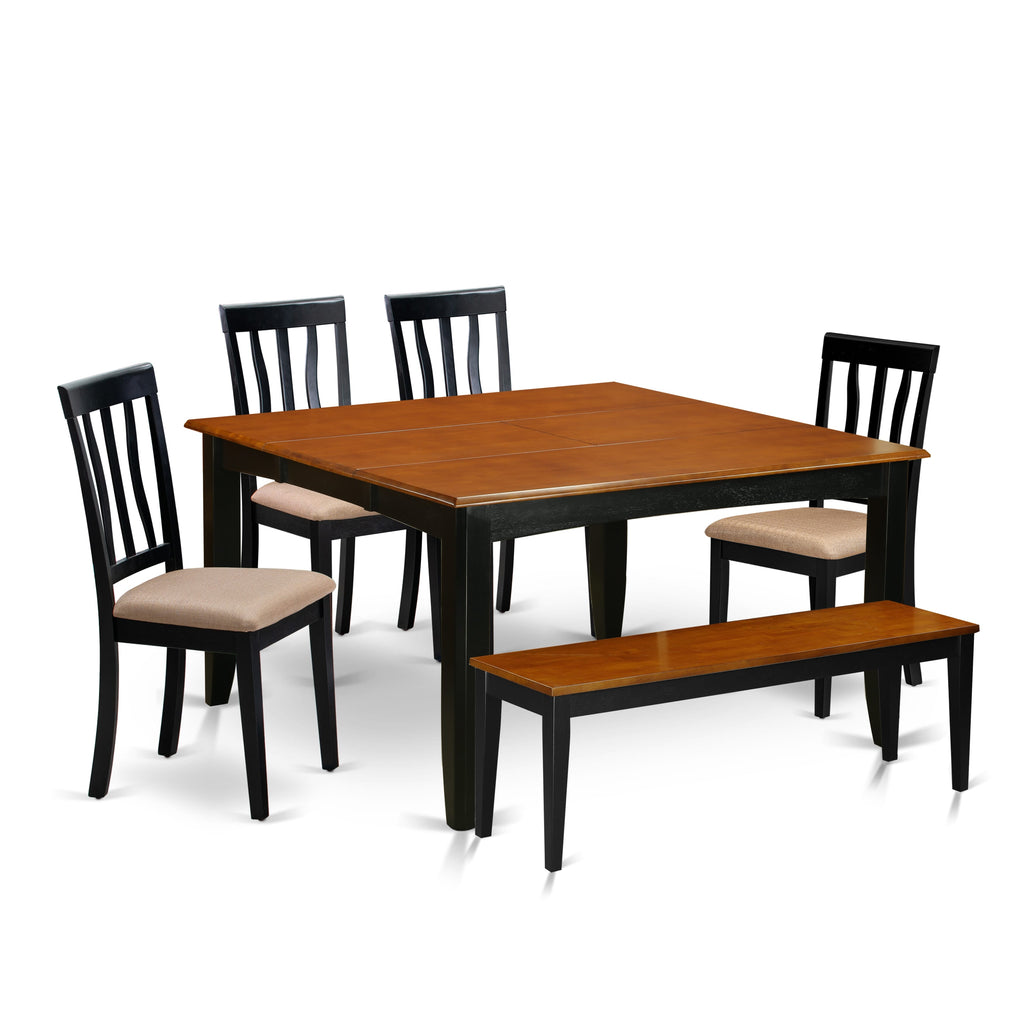 PFAN6-P5I-Z 6-Piece Suite Square Table with Adjustable Leaf, Chairs & Bench in Black-Cherry Tone