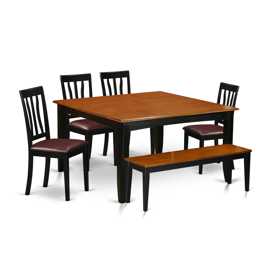 PFAN6-CQR-7U 6-Piece Dining Suite with Square Table, Butterfly Leaf, Faux Leather Seats, 54x54 Inch, Dual-Tone