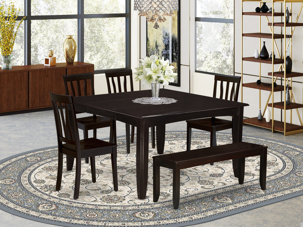 PFAN6-PYA-S 6-Piece Dining Table Set Featuring Square Table with Leaf Extension, 4 Chairs, and Bench, 54x54 Espresso Elegance