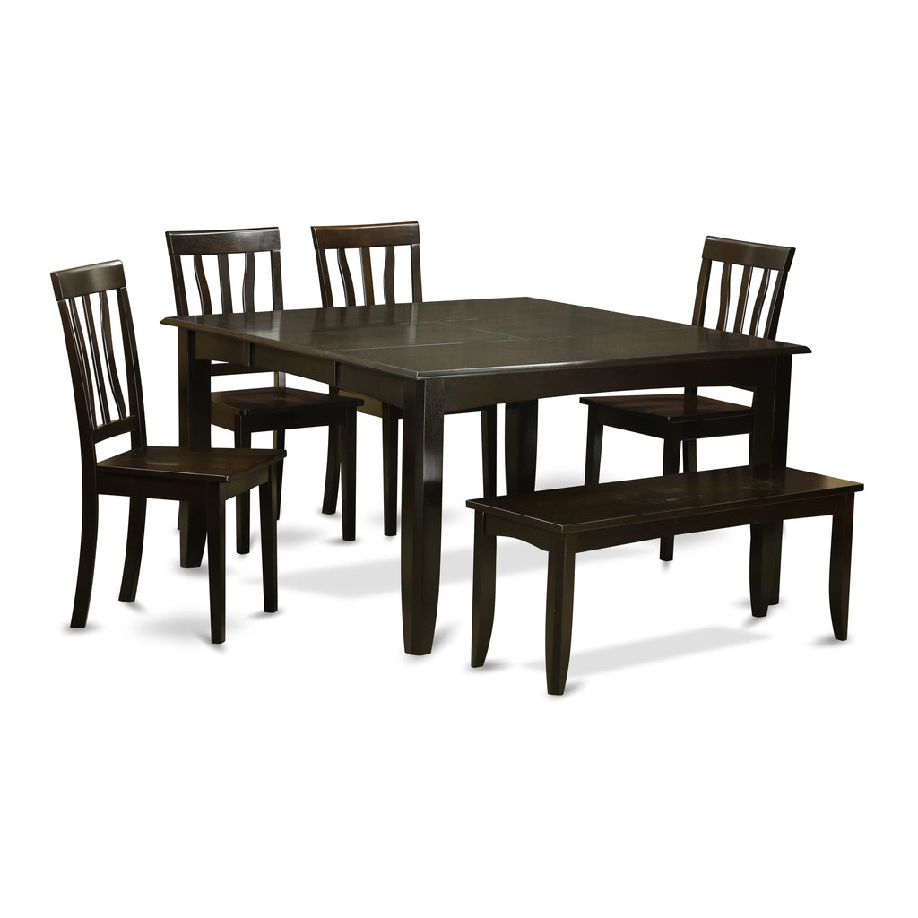 PFAN6-PYA-S 6-Piece Dining Table Set Featuring Square Table with Leaf Extension, 4 Chairs, and Bench, 54x54 Espresso Elegance