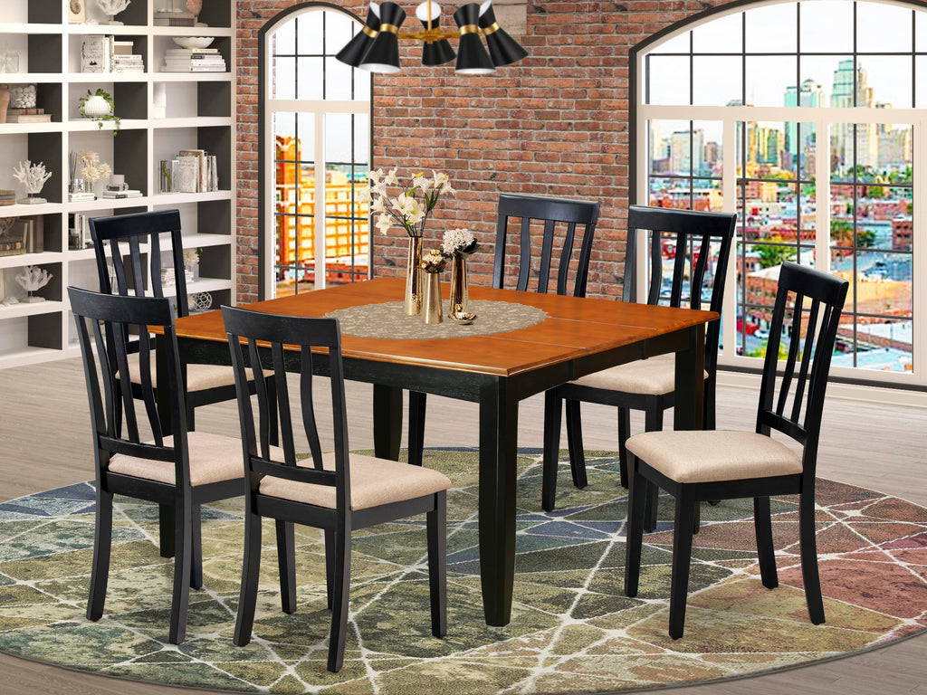 PFAN7-7TX-I 7-Piece Dining Ensemble with Extending Square Table and Linen Chairs, 54 Black & Cherry