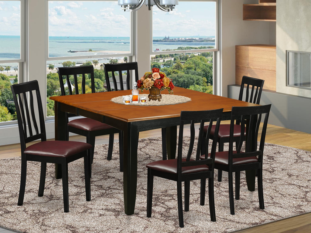 PFAN7-FFA-D8 7-Piece Dining Ensemble with Expandable Table & Faux Leather Seats, 54x54 Inch, Black & Cherry