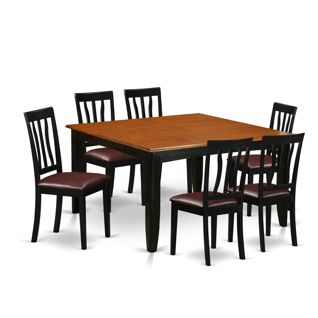 PFAN7-FFA-D8 7-Piece Dining Ensemble with Expandable Table & Faux Leather Seats, 54x54 Inch, Black & Cherry