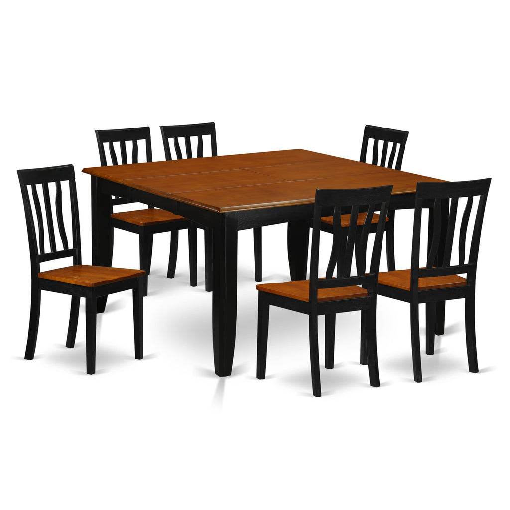 PFAN7-LI8-M 7-Piece Dining Set Square Table with Butterfly Leaf & 6 Chairs, Chic Black & Rich Cherry