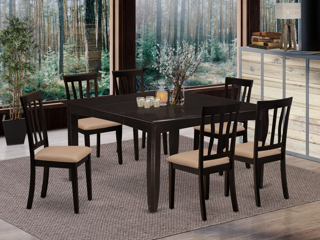 PFAN7-CRM-D 7-Piece Dining Set - Linen Upholstered Chairs & Extendable Square Wood Table, 54 Cappuccino