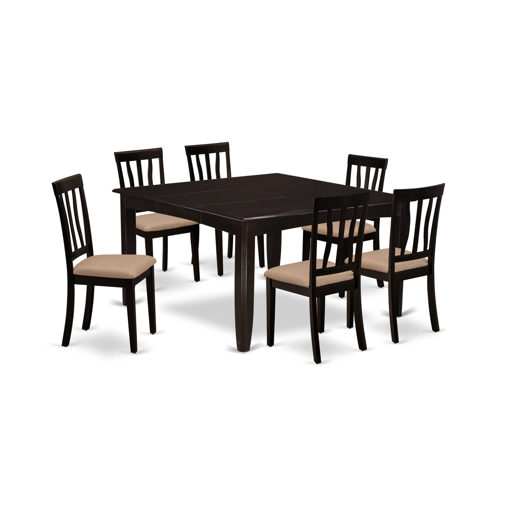 PFAN7-CRM-D 7-Piece Dining Set - Linen Upholstered Chairs & Extendable Square Wood Table, 54 Cappuccino