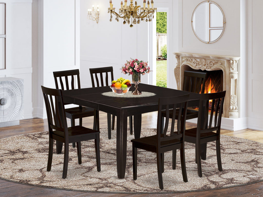 PFAN7-J6U-J Square Dining Table Set with Expandable Leaf and Six Seats, Cappuccino Finish, 54 Design