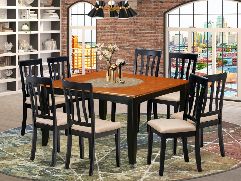 PFAN9-GNJ-R 9-Piece Square Dining Ensemble Butterfly Leaf Table with Black & Cherry Upholstery and Chairs