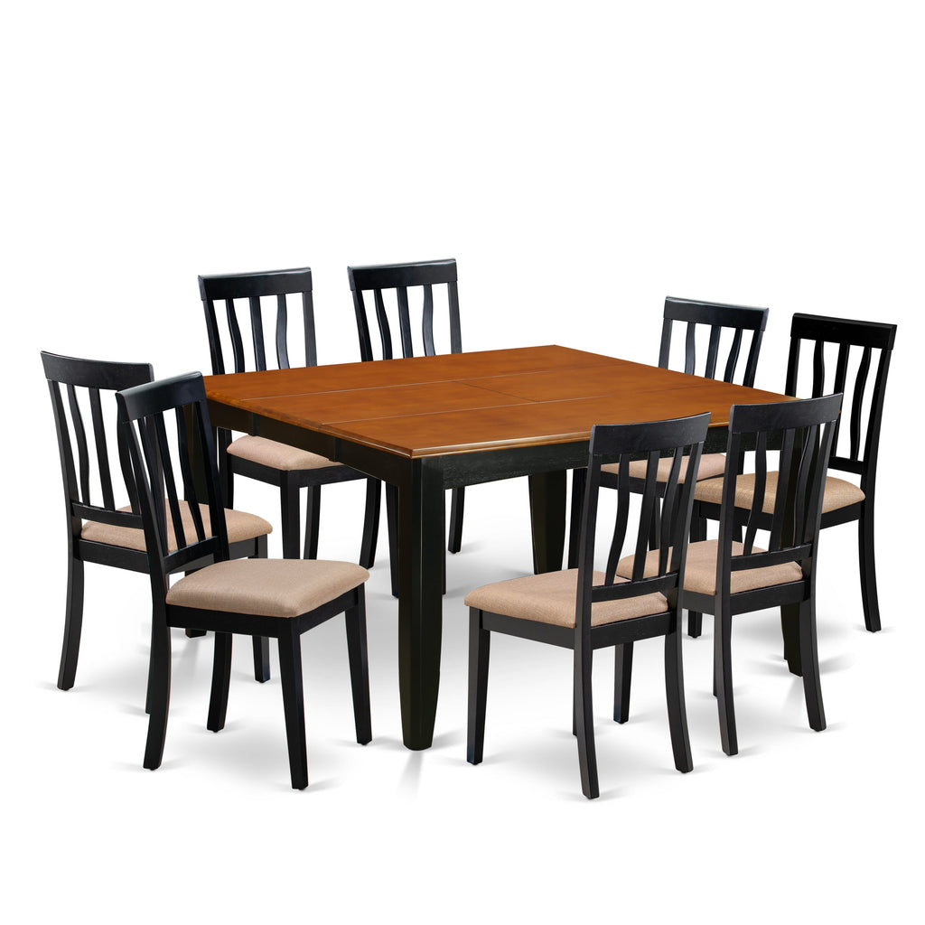PFAN9-GNJ-R 9-Piece Square Dining Ensemble Butterfly Leaf Table with Black & Cherry Upholstery and Chairs