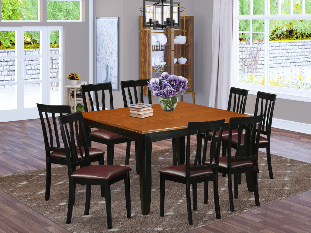 PFAN9-ANW-P0 Elegant 9-Piece Dining Ensemble with Expandable Square Table & Charming Upholstered Chairs, in Black & Cherry Hues
