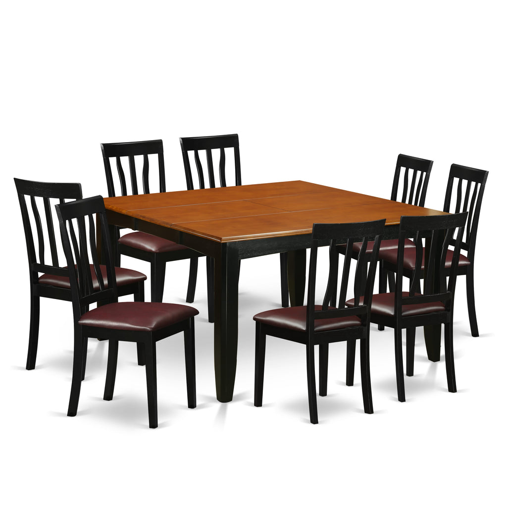 PFAN9-ANW-P0 Elegant 9-Piece Dining Ensemble with Expandable Square Table & Charming Upholstered Chairs, in Black & Cherry Hues