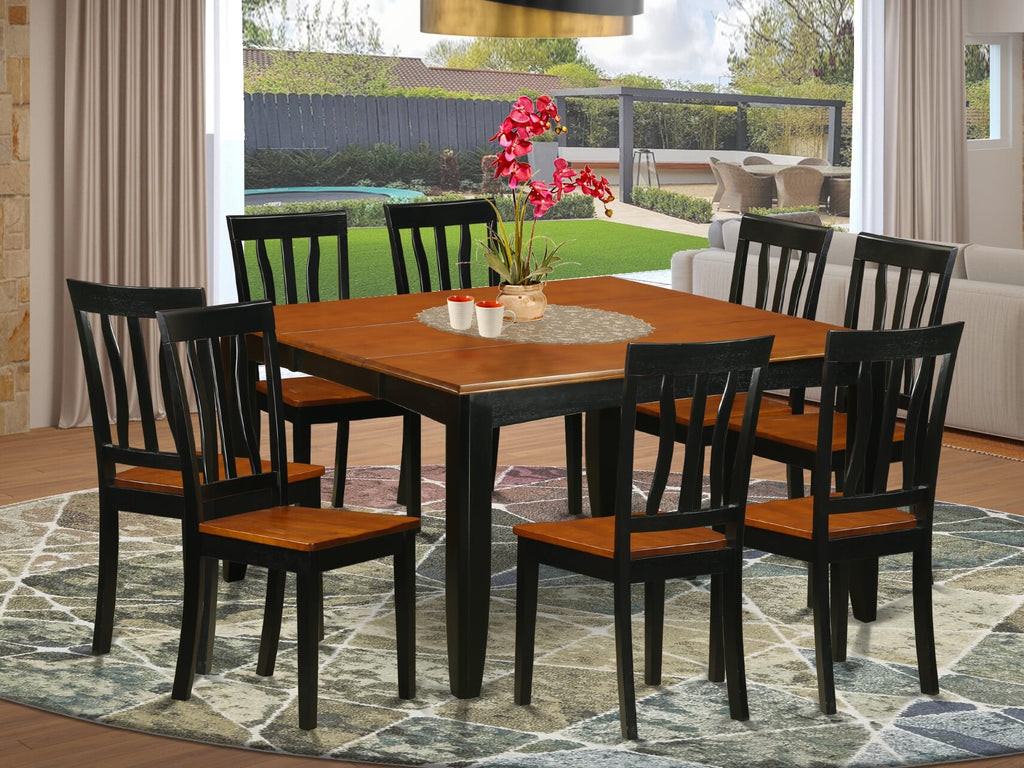 PFAN9-HLY-1 9-Piece Dining Ensemble with Extendable Butterfly Leaf Table and Elegant Chairs, Black & Cherry