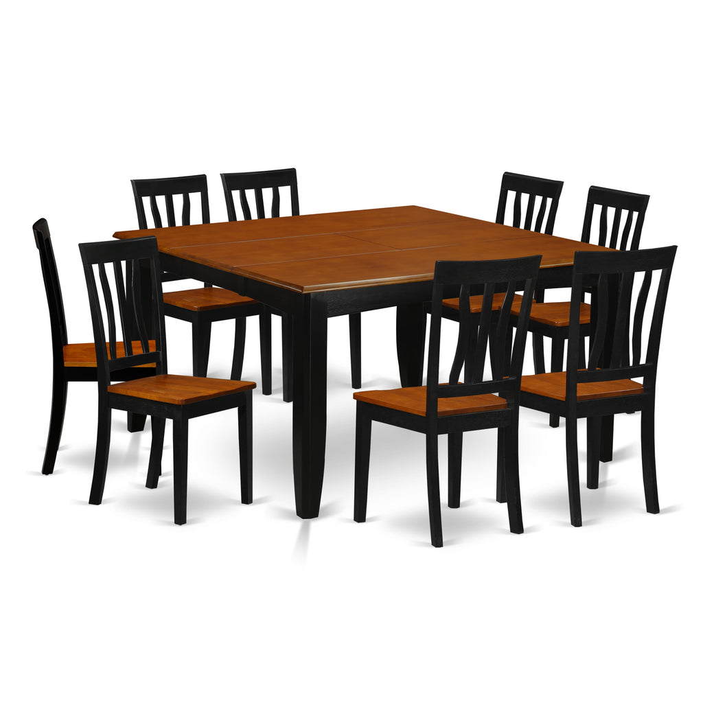 PFAN9-HLY-1 9-Piece Dining Ensemble with Extendable Butterfly Leaf Table and Elegant Chairs, Black & Cherry