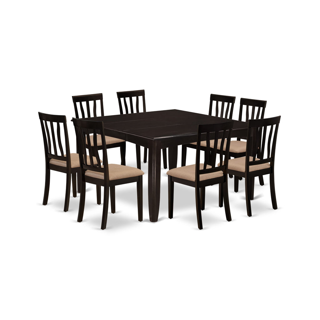 PFAN9-LE4-N Elegant 9-Piece Dining Set with Square Butterfly Leaf Table and 8 Chairs in Linen