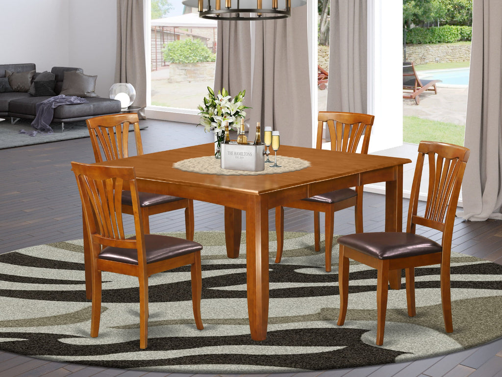 Dining Ensemble PFAV5-56Y-MJ - 5 Pieces with Square Expandable Table and Faux Leather Chairs, Saddle Brown