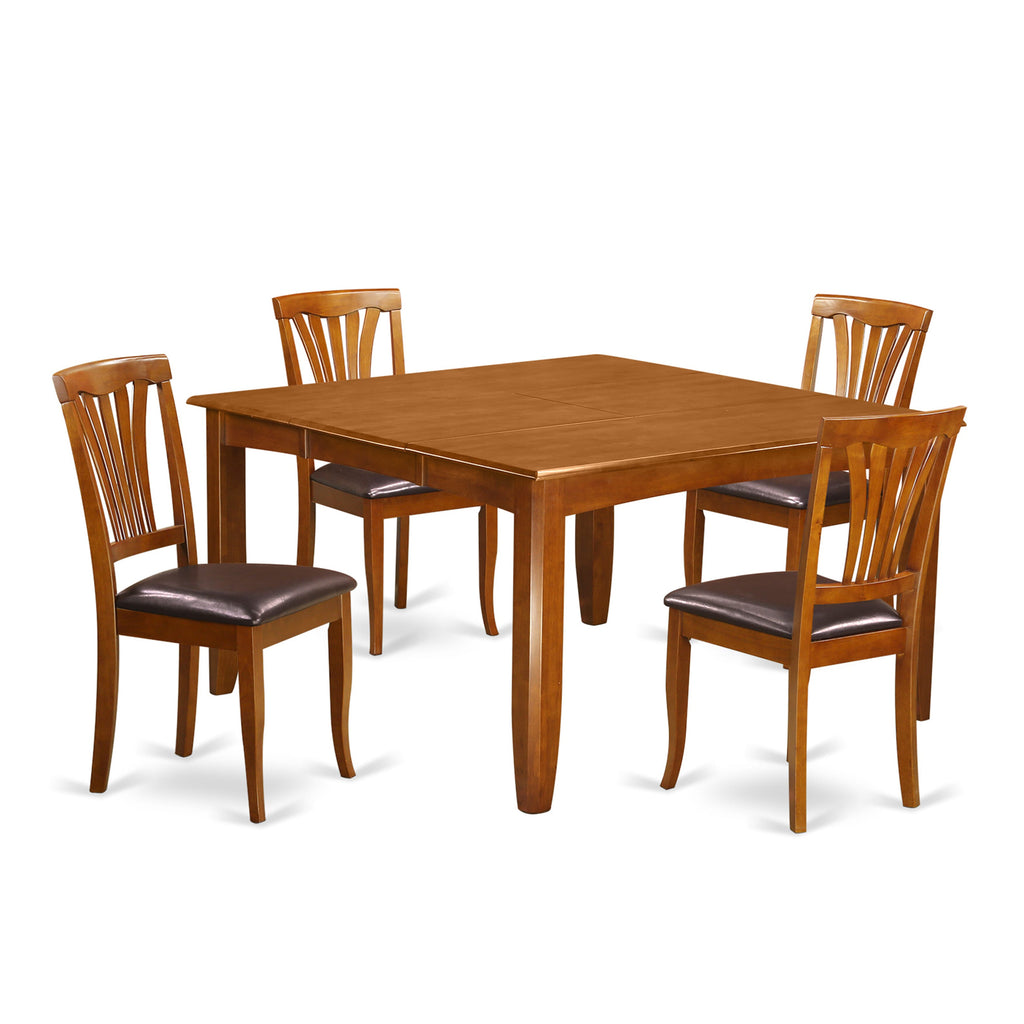 Dining Ensemble PFAV5-56Y-MJ - 5 Pieces with Square Expandable Table and Faux Leather Chairs, Saddle Brown