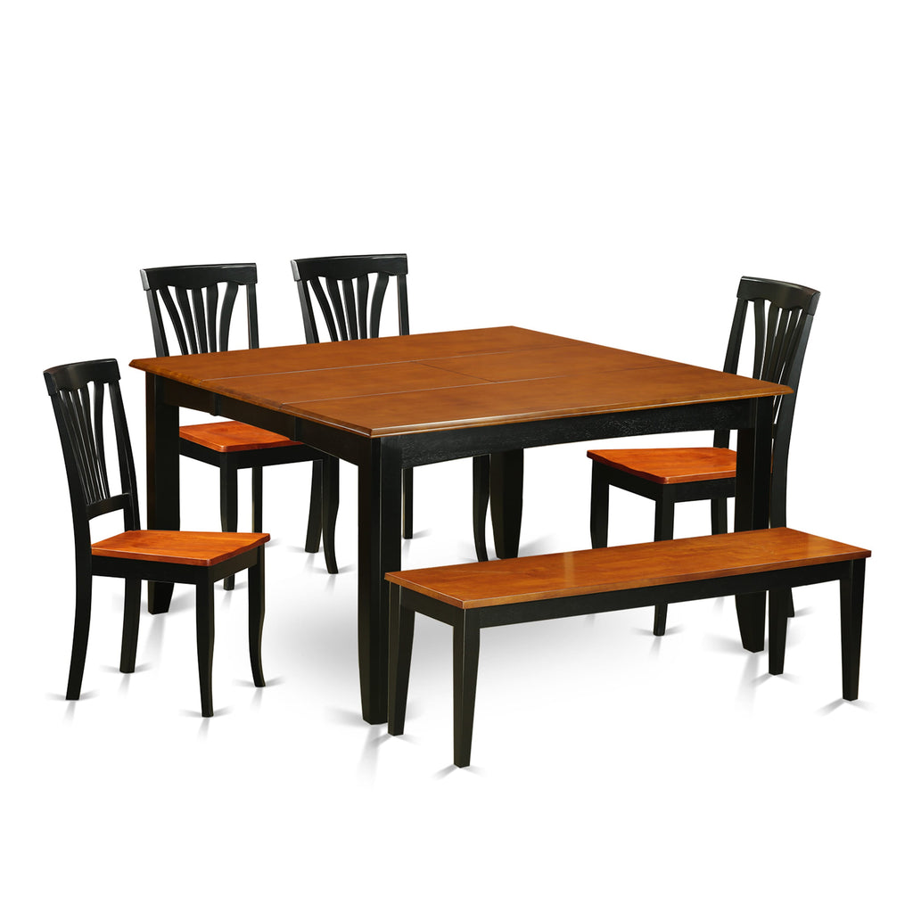 PFAV6-ZYA-K 6-Piece Dining Ensemble Square Table with Leaf, Four Chairs & Bench, Black Cherry Accent