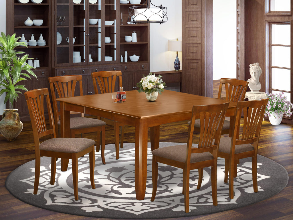 Enchanting PFAV7-8GR-X Square Table Set Butterfly Leaf with 6 Linen Seats, 54 Inch Rustic Brown Finish