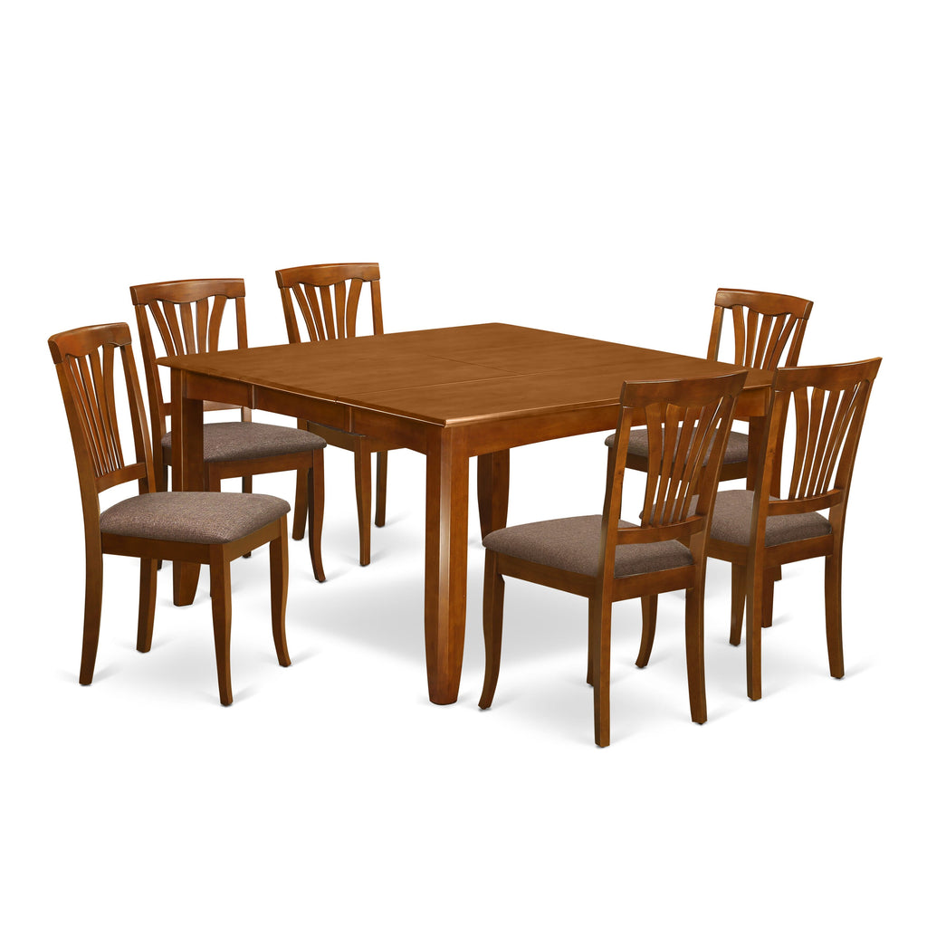 Enchanting PFAV7-8GR-X Square Table Set Butterfly Leaf with 6 Linen Seats, 54 Inch Rustic Brown Finish