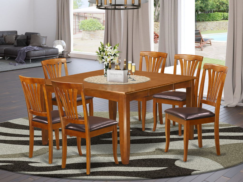PFAV7-IFF-U6 Elegant 7-Piece Dining Set Square Table with Drop Leaf & 6 Leather-Like Chairs, 54-Inch, Brown Oak