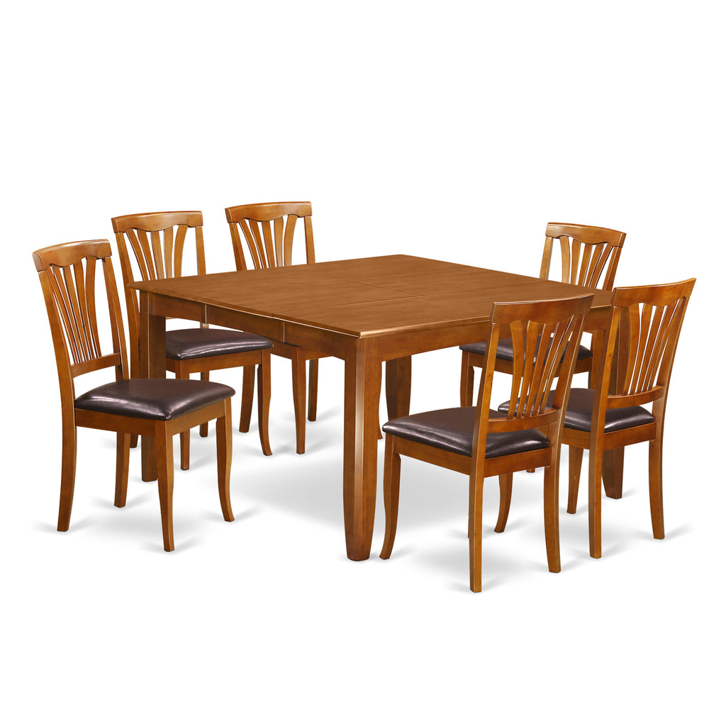 PFAV7-IFF-U6 Elegant 7-Piece Dining Set Square Table with Drop Leaf & 6 Leather-Like Chairs, 54-Inch, Brown Oak