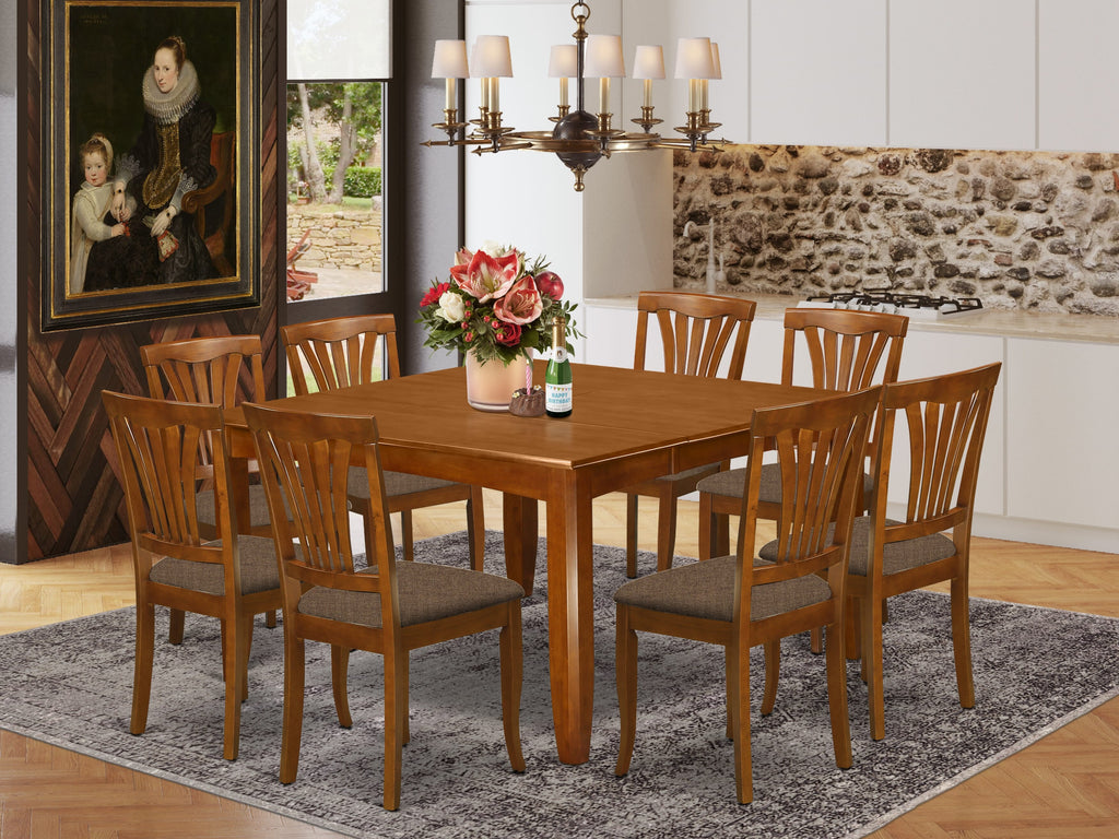 PFAV9-44Z-G Dining Ensemble 9-Pc Set with Square Table & Butterfly Leaf in Saddle Brown Plus 8 Upholstered Chairs, 54