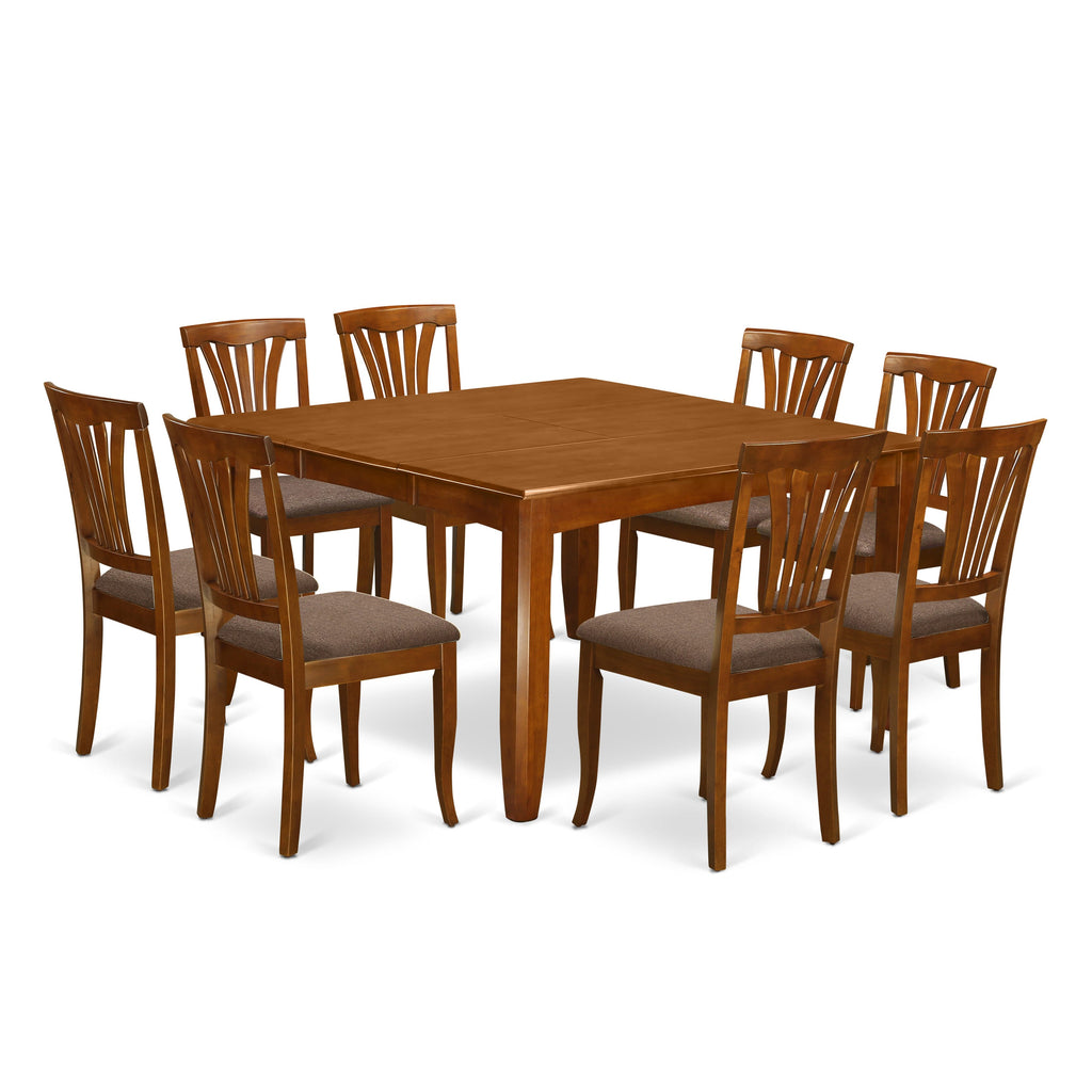 PFAV9-44Z-G Dining Ensemble 9-Pc Set with Square Table & Butterfly Leaf in Saddle Brown Plus 8 Upholstered Chairs, 54