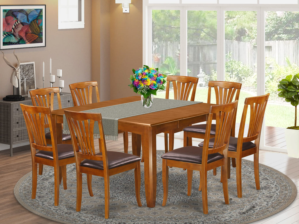PFAV9-1L8-8K 9-Piece Dining Ensemble Featuring Square Table with Butterfly Insert & 8 Faux Leather Chairs - 54x54 Inch, Saddle Brown Charm
