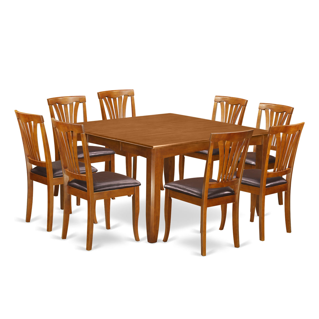 PFAV9-1L8-8K 9-Piece Dining Ensemble Featuring Square Table with Butterfly Insert & 8 Faux Leather Chairs - 54x54 Inch, Saddle Brown Charm