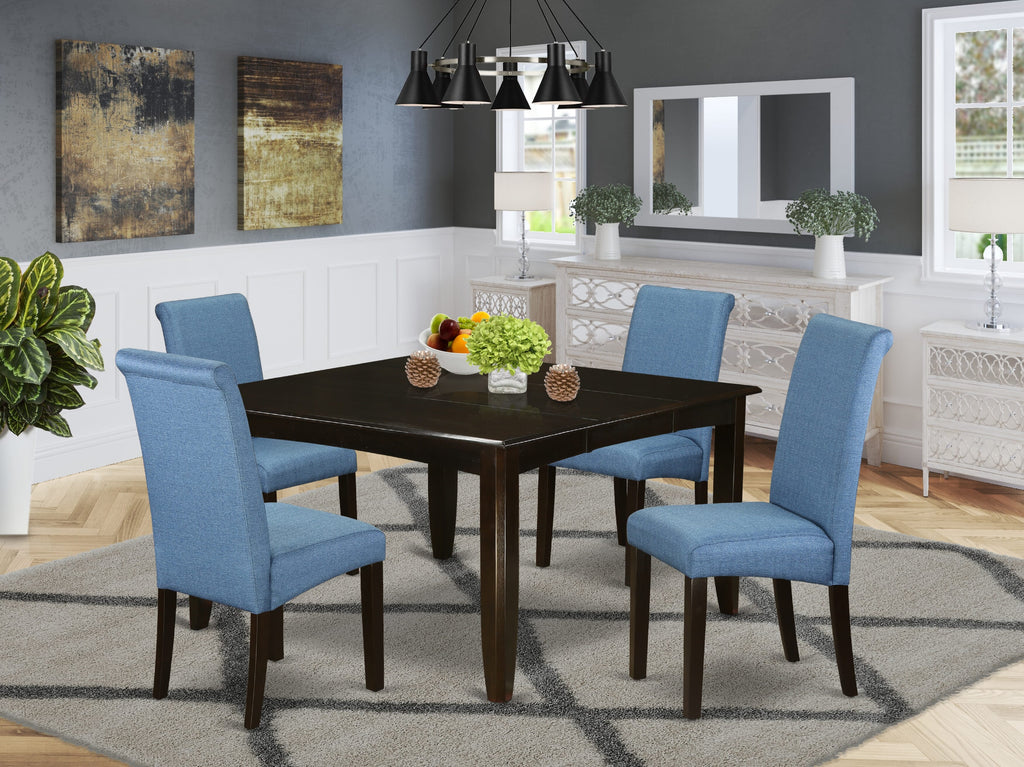 PFBA5-2MO-NG Elegant 5-Piece Dining Set with Square Extendable Table and Blue Linen Chairs, 54 Cappuccino Finish